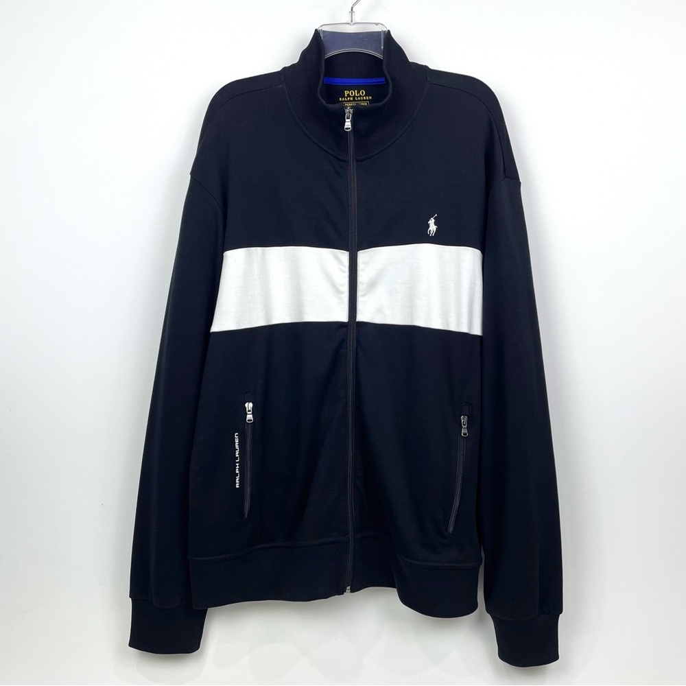 Polo Ralph Lauren Track Jacket Mens XL Black White Full Zip Performance Cotton